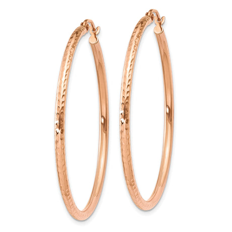 10k Rose Gold Hoop Earrings with Hammered Diamond Cut Texture, Lightweight Modern Design