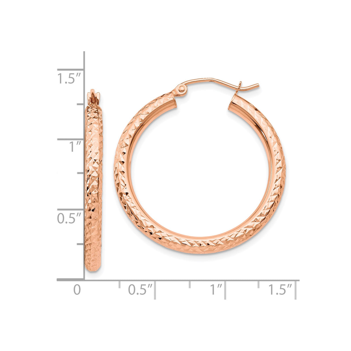 10k Rose Gold Hoop Earrings, Diamond Cut Textured Round Hoops with Polished Finish