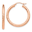 10k Rose Gold Hoop Earrings, Diamond Cut Textured Round Hoops with Polished Finish