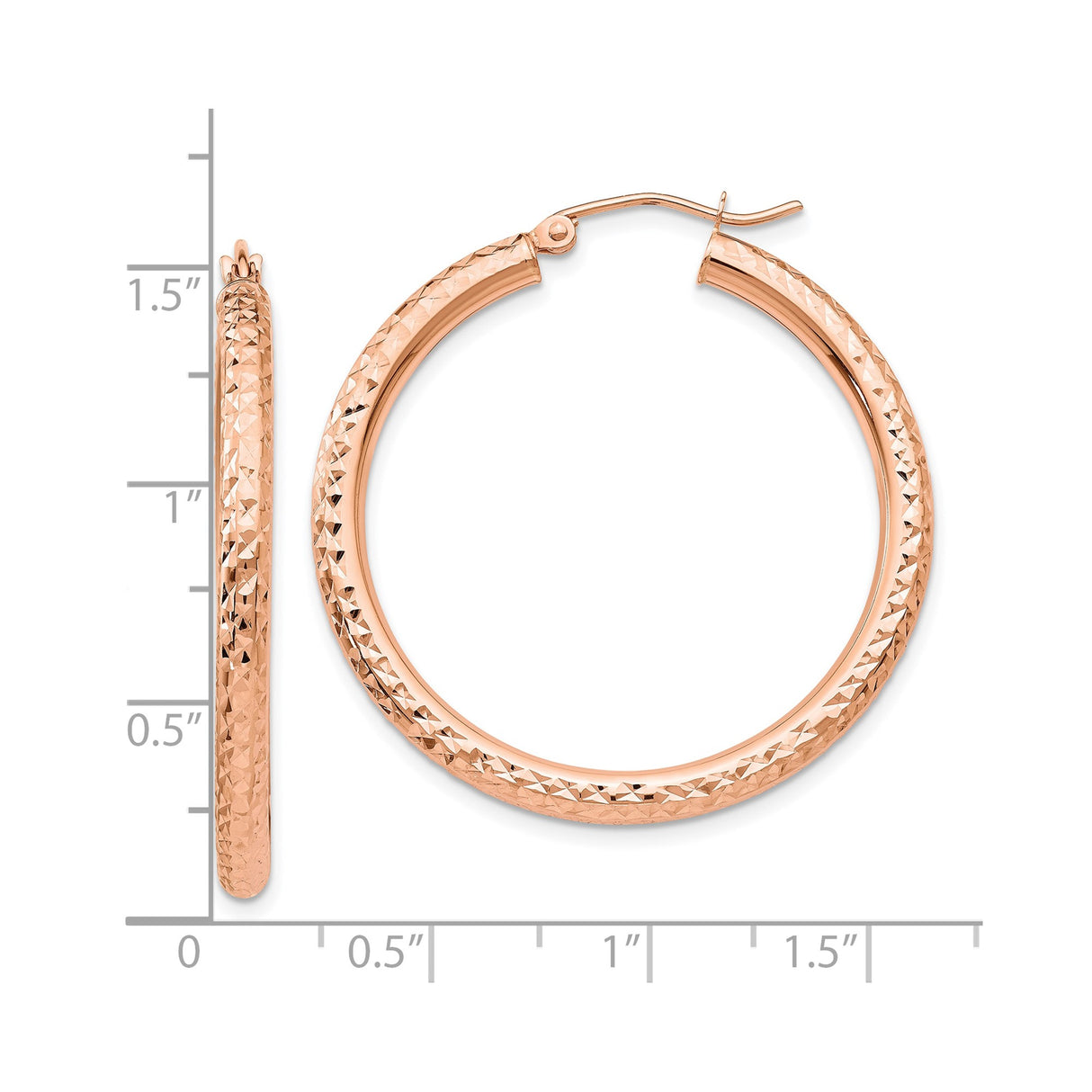 10k Rose Gold Hoop Earrings, Diamond Cut Round Hoops with Polished Finish and Latch Back Closure