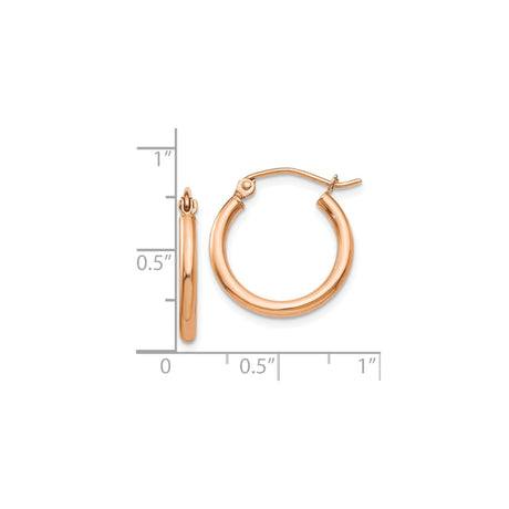 10k Rose Gold Hoop Earrings, Polished Round Tube with Latch Back, Lightweight Minimalist Design
