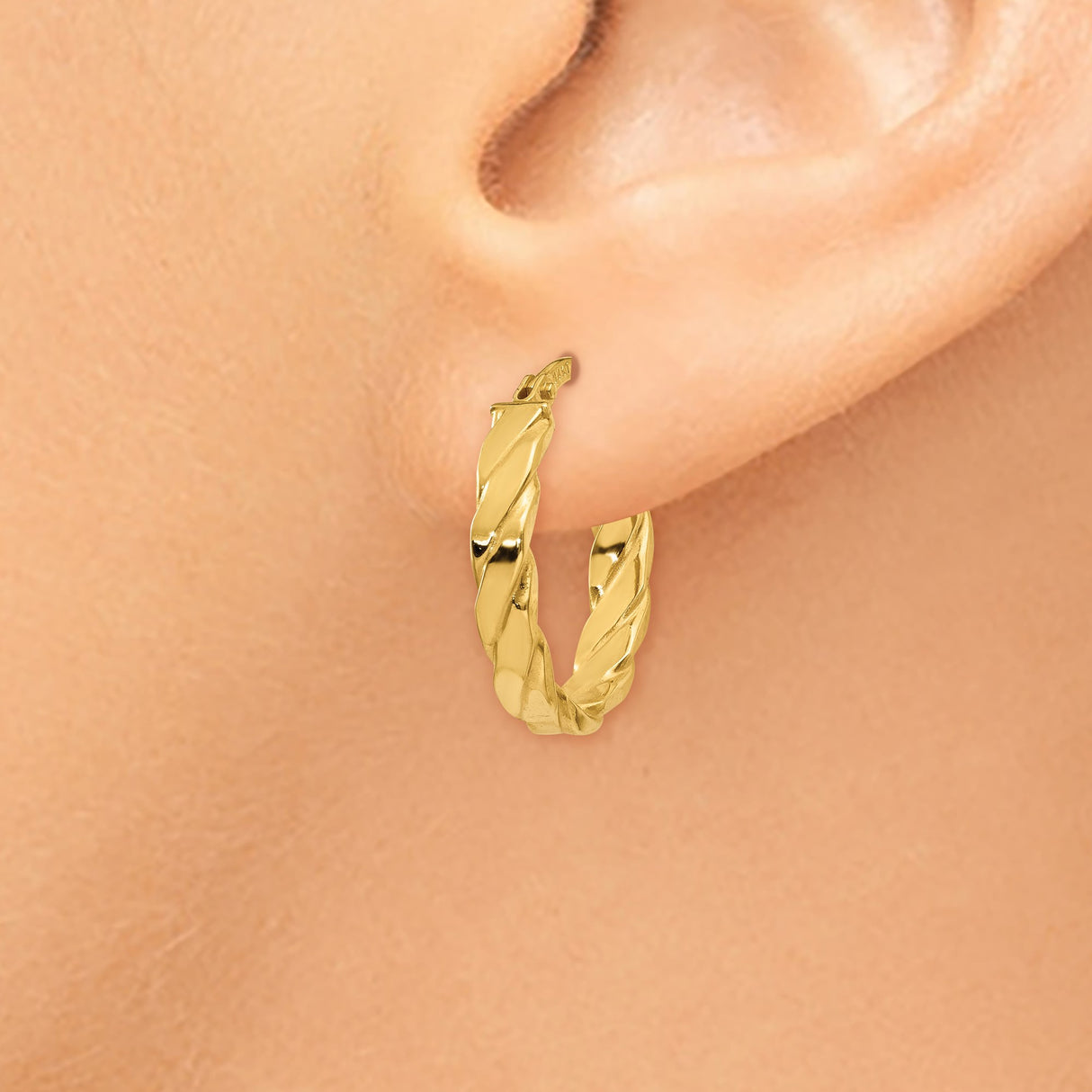 10k Yellow Gold Hoop Earrings, Twisted Italian Rope Design, Shiny Oval Lightweight Style