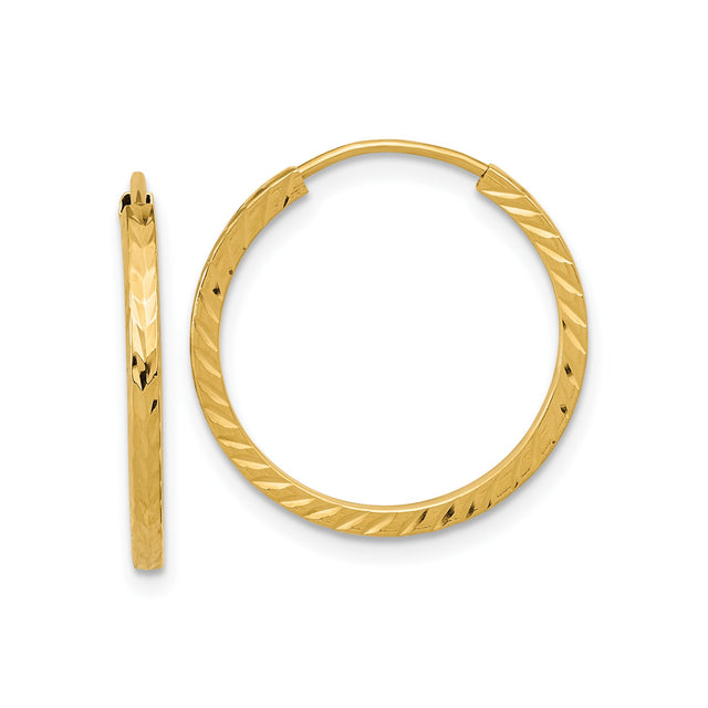 10k Yellow Gold Hoop Earrings, Textured Diamond Cut Round Hoops with Polished Finish