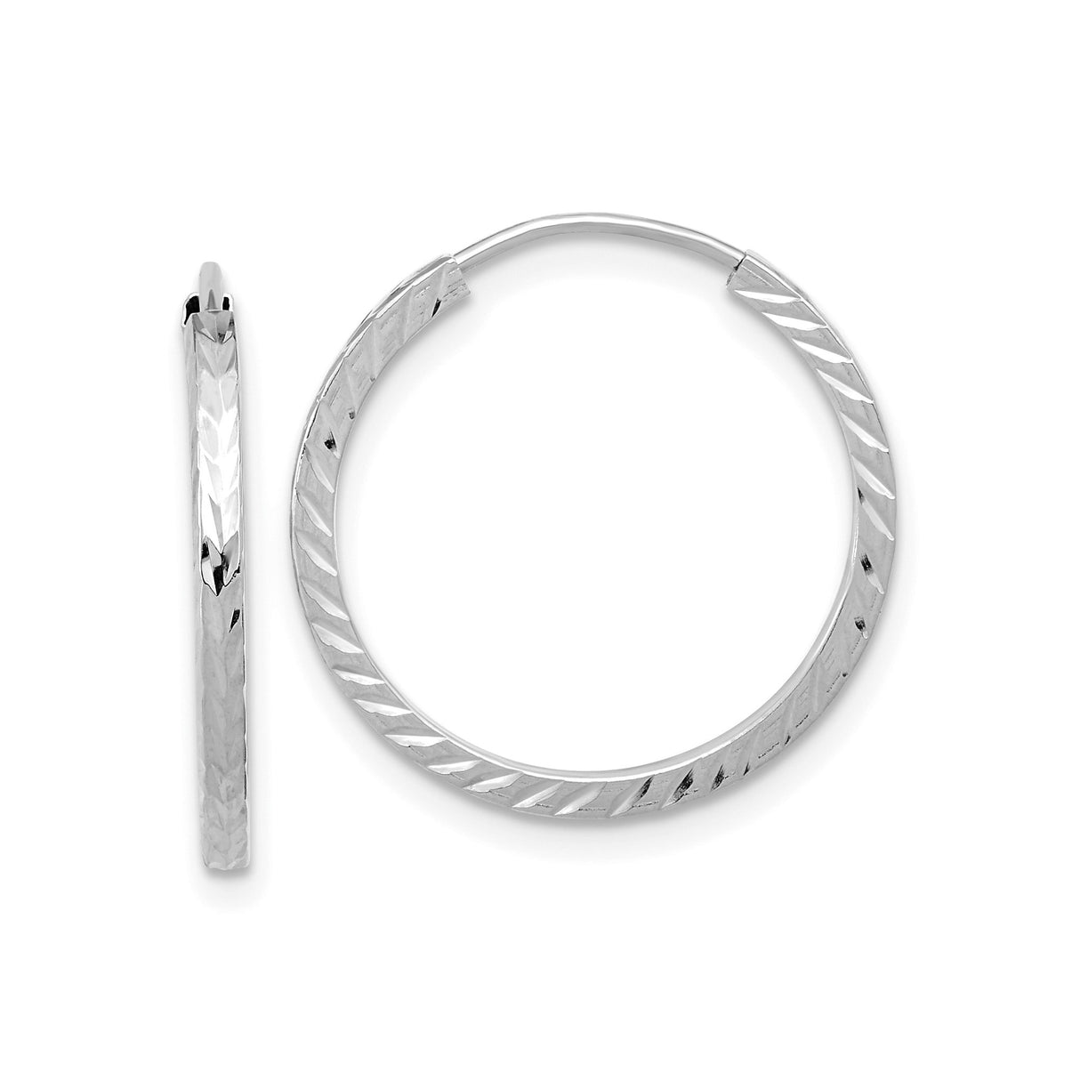 10k White Gold Hoop Earrings, Diamond Cut Diagonal Design, Textured Lightweight Endless Hoops