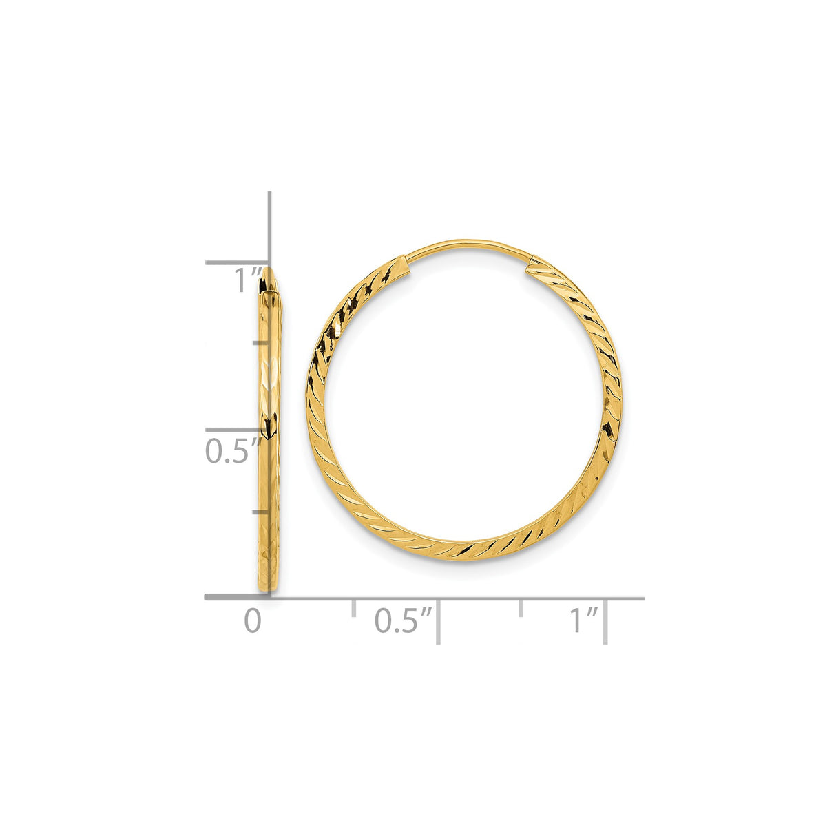 10k Yellow Gold Hoop Earrings, Polished Twisted Diamond Cut Endless Design for Women