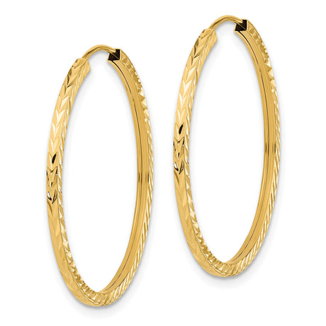 10k Yellow Gold Hoop Earrings, Textured Square Tube, Diamond Cut, Lightweight Classic Design