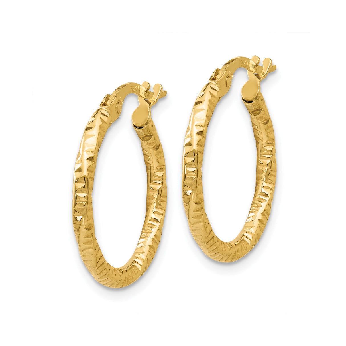 10k Yellow Gold Hoop Earrings, Textured Diamond Cut with Polished Twist Design