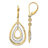 10k Two-Tone Gold Teardrop Dangle Earrings with Textured Diamond Cut Finish for Women