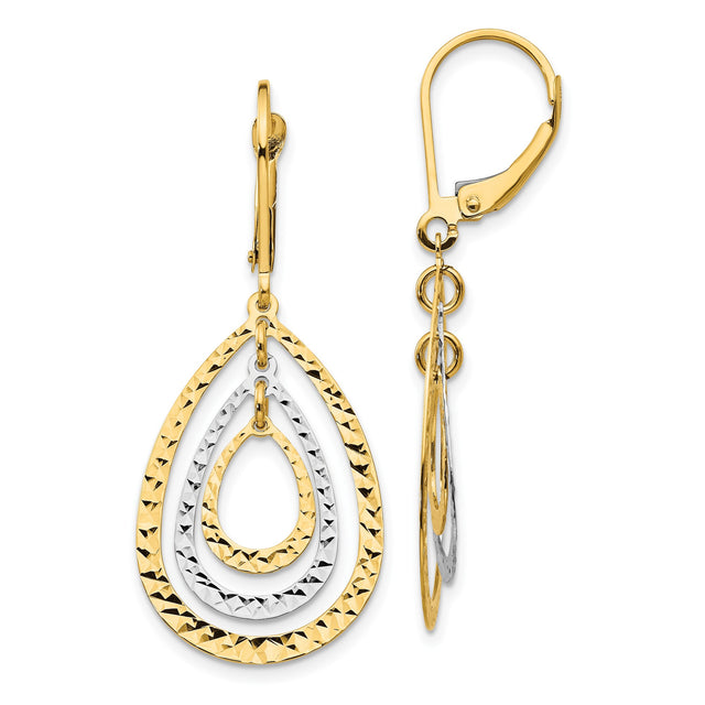 10k Two-Tone Gold Teardrop Dangle Earrings with Textured Diamond Cut Finish for Women