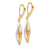 10k Two-Tone Gold Leverback Drop Earrings with Twisted Rose, White and Yellow Strands