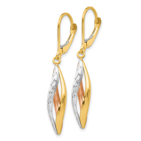 10k Two-Tone Gold Leverback Drop Earrings with Twisted Rose, White and Yellow Strands