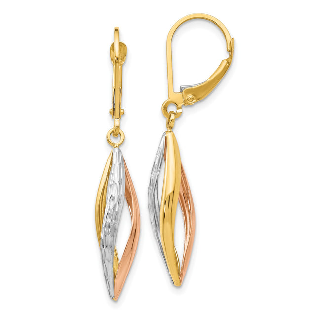 10k Two-Tone Gold Leverback Drop Earrings with Twisted Rose, White and Yellow Strands