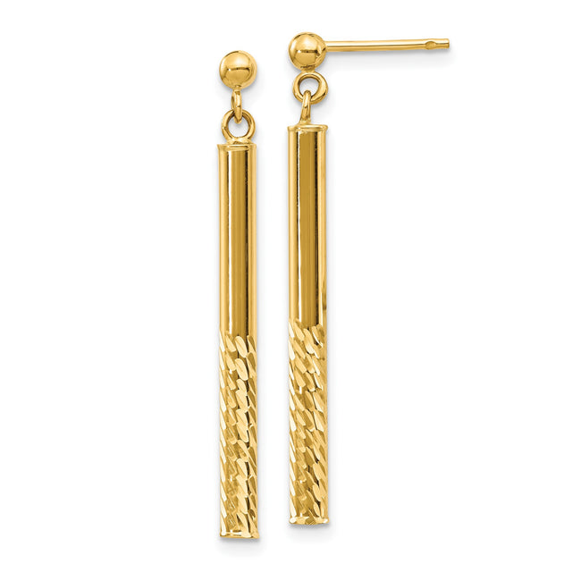 10k Yellow Gold Drop Earrings, Textured and Polished Bar Dangles, Minimalist Linear Design for Women