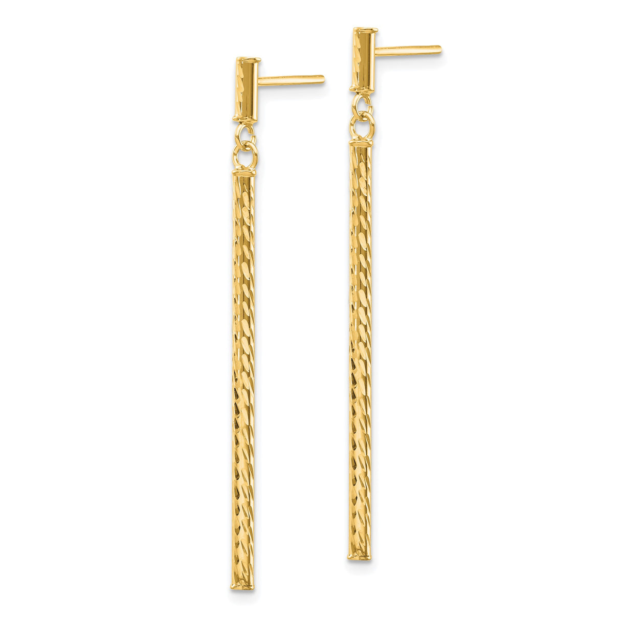 10k Yellow Gold Long Bar Drop Earrings with Polished and Diamond-Cut Finish