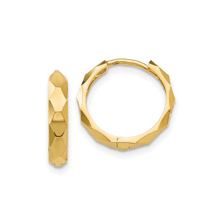 10k Yellow Gold Hoop Earrings, Faceted Hexagon Cut, High Polish Modern Lightweight Design