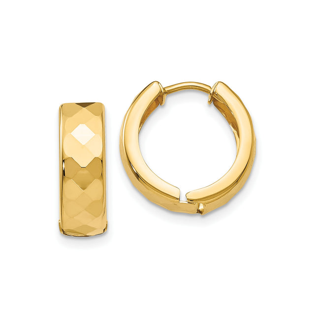 10k Yellow Gold Hoop Earrings, Polished Diamond Cut Textured Hinged Hoops for Women
