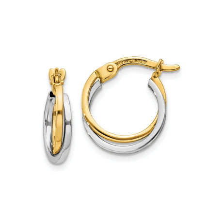 10k Two Tone Gold Hoop Earrings with Interlocking Bands and Polished Finish