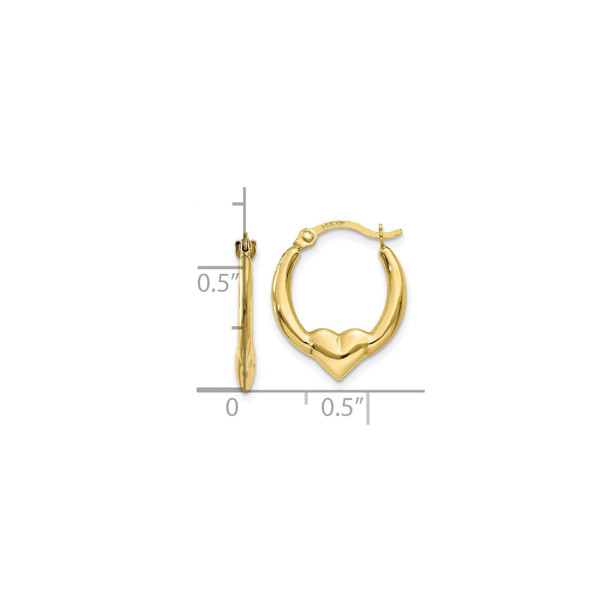 10k Yellow Gold Heart Hoop Earrings with Polished Finish and Hinged Closure for Women
