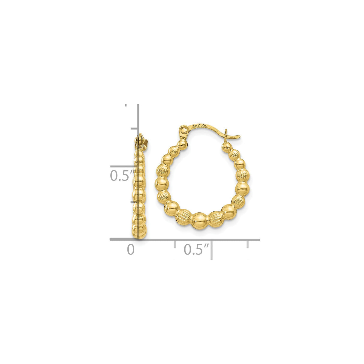 10k Yellow Gold Hoop Earrings, Beaded Ribbed and Polished Texture, Vintage Inspired