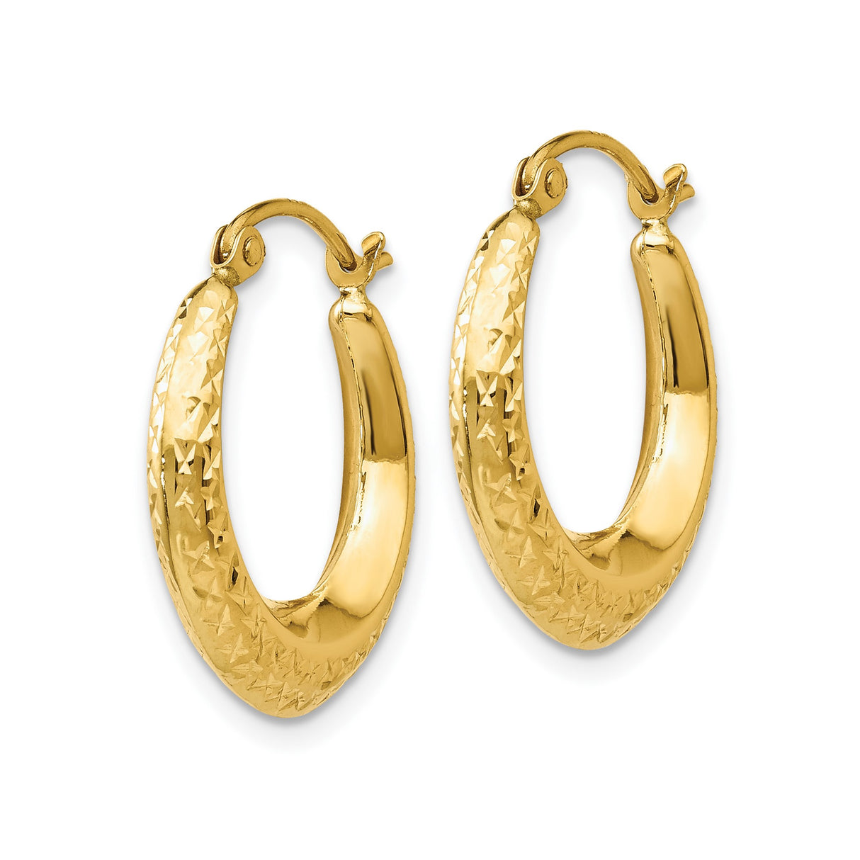 10k Yellow Gold Hoop Earrings, Textured Diamond Cut Crescent Style with Latch Back Closure