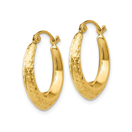 10k Yellow Gold Hoop Earrings, Textured Diamond Cut Crescent Style with Latch Back Closure