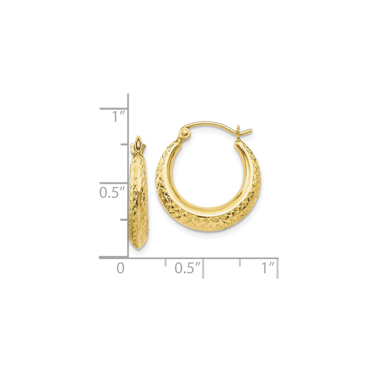 10k Yellow Gold Hoop Earrings, Textured Diamond Cut Crescent Style with Latch Back Closure
