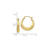 10k Yellow Gold Hoop Earrings, Textured Diamond Cut Crescent Style with Latch Back Closure
