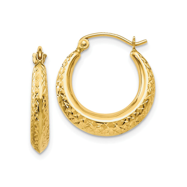 10k Yellow Gold Hoop Earrings, Textured Diamond Cut Crescent Style with Latch Back Closure