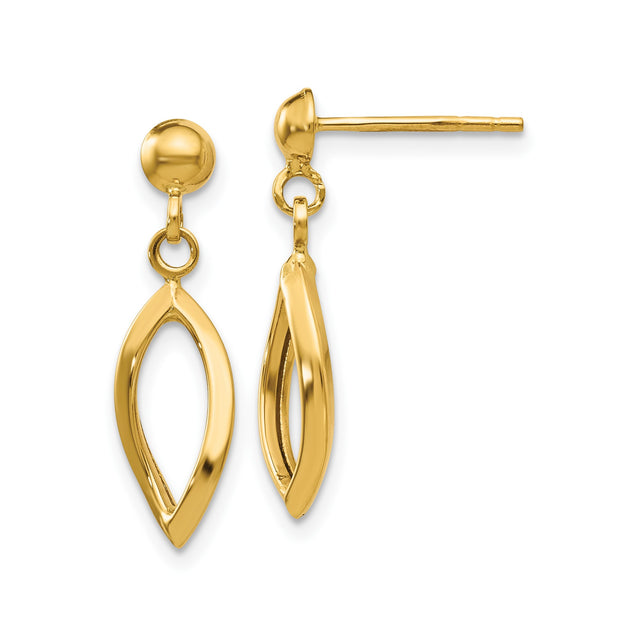 10k Yellow Gold Dangle Earrings with Open Marquise Ichthys Christian Fish Design