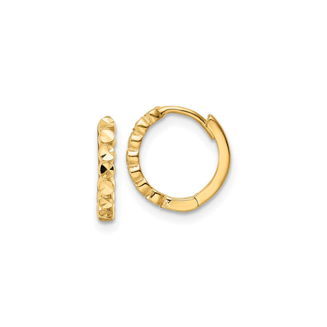 10k Yellow Gold Hoop Earrings, Small Textured Diamond Cut Design, Hinged Back, Lightweight