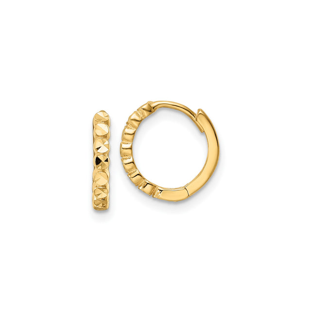 10k Yellow Gold Hoop Earrings, Small Textured Diamond Cut Design, Hinged Back, Lightweight