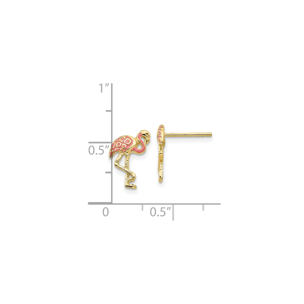 10k Yellow Gold Flamingo Stud Earrings with Pink Enamel Accents, Tropical Bird Design