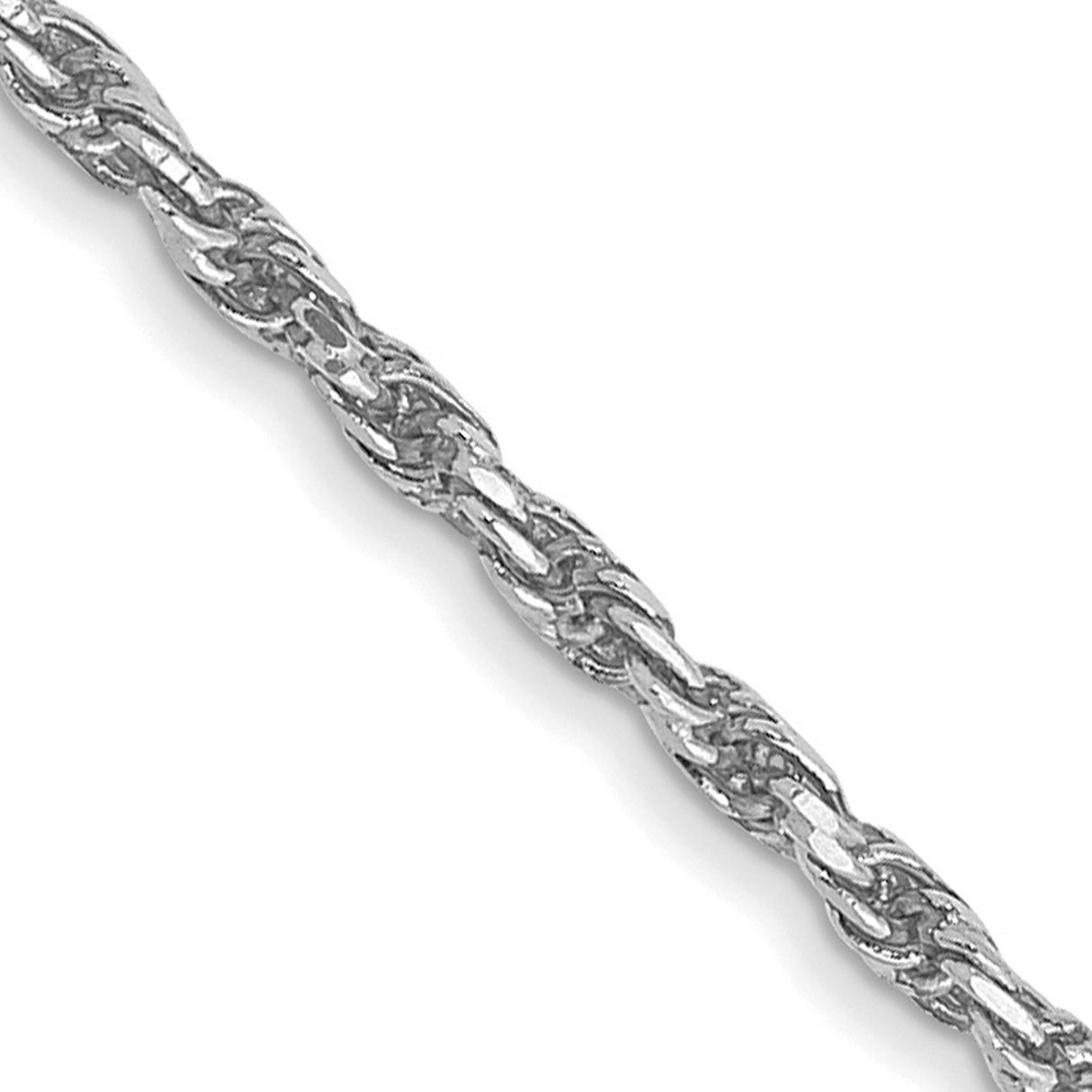 10K White Gold 1.3 mm Rope Chain Necklace, Polished detail view
