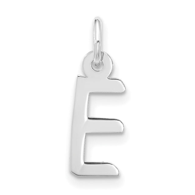 10k White Gold Initial E Pendant, Slanted Block Letter Charm with Polished Finish