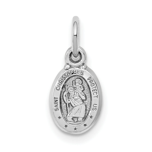 Solid Oval Five Star Saint Christopher Protect Us Words Charm Pendant in Real 10k White Gold