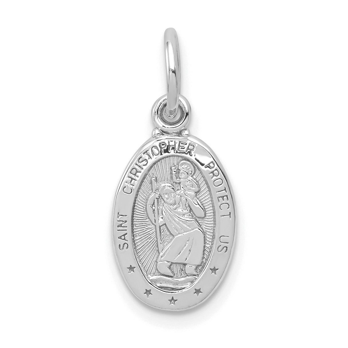 Saint Christopher Protect Us Words Charm Pendant in Real 10k White Gold