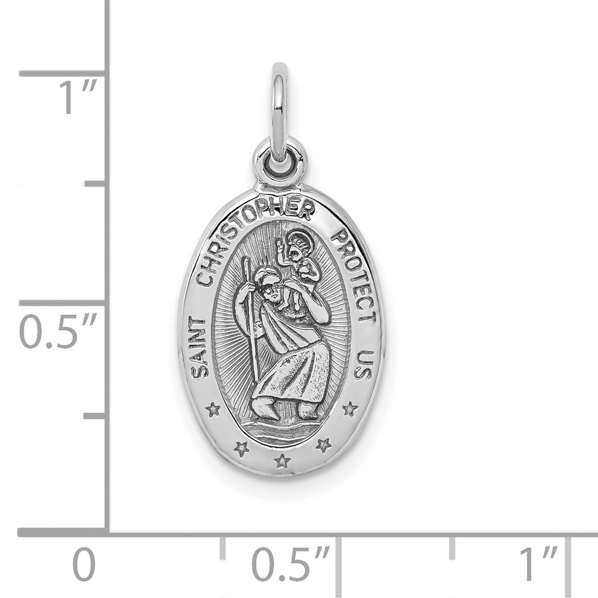 Saint Christopher Protect Us Words Five Star Oval Charm Pendant in Real 10k White Gold