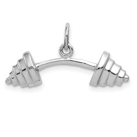 10k White Gold Barbell Pendant, Polished Fitness Charm with Weightlifting Design