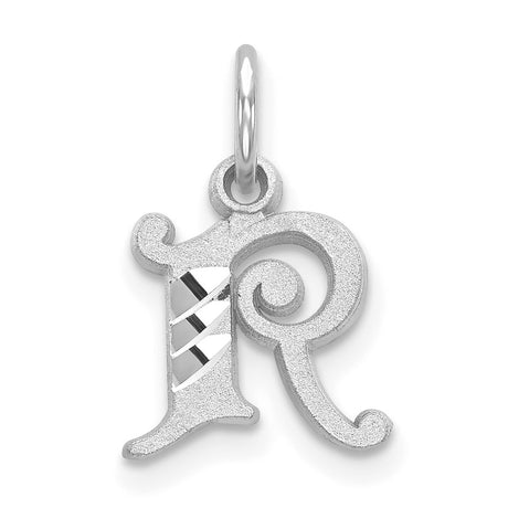 10k White Gold Letter R Pendant, Textured and Polished Uppercase Initial Charm for Men or Women