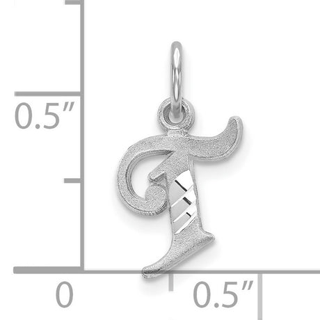 10k White Gold Initial Pendant, Stylized Cursive Letter T, Textured and Polished Charm