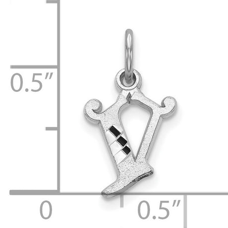 10k White Gold V Pendant with Black and White Diagonal Accents, Letter Charm for Women or Unisex