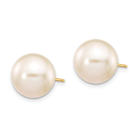 10k Yellow Gold Pearl Stud Earrings with Round White Cultured Pearls, Classic Design for Women
