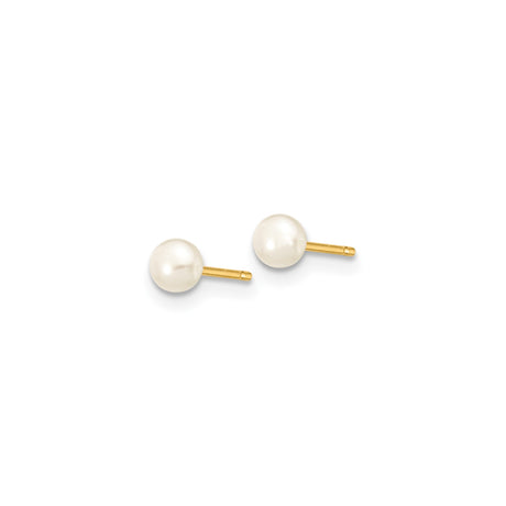 10k Yellow Gold Pearl Stud Earrings, Round White Cultured Pearls, Minimalist Design