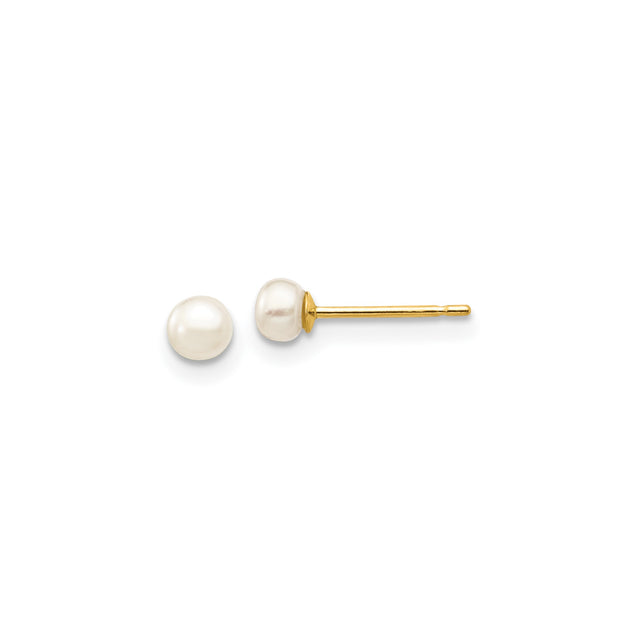 10k Yellow Gold Pearl Stud Earrings, Round White Cultured Pearls, Minimalist Design