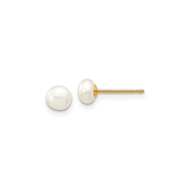 10k Yellow Gold Pearl Stud Earrings, Classic White Button Design for Women
