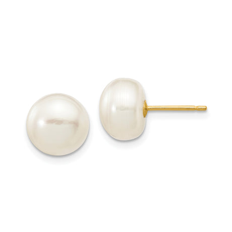 10k Yellow Gold Stud Earrings with Round White Cultured Pearls, Classic Design for Women