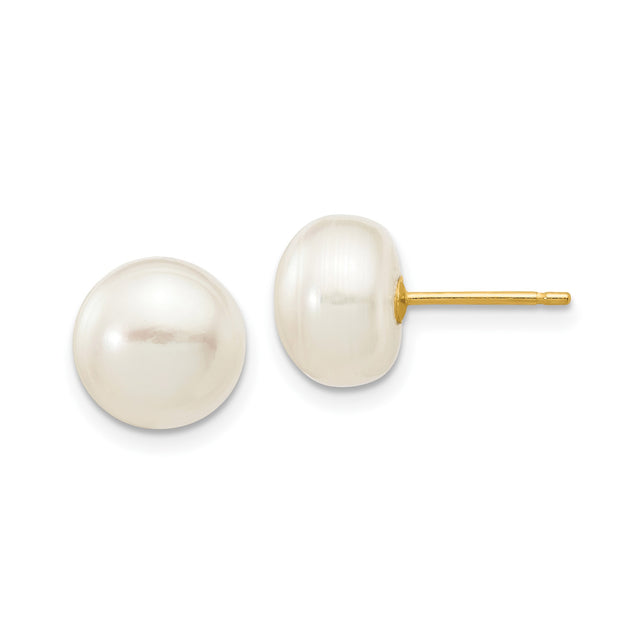 10k Yellow Gold Stud Earrings with Round White Cultured Pearls, Classic Design for Women
