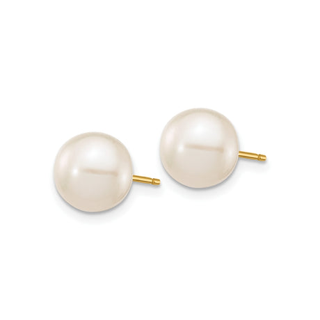 10k Yellow Gold Pearl Stud Earrings with White Round Freshwater Cultured Pearls, Classic Design