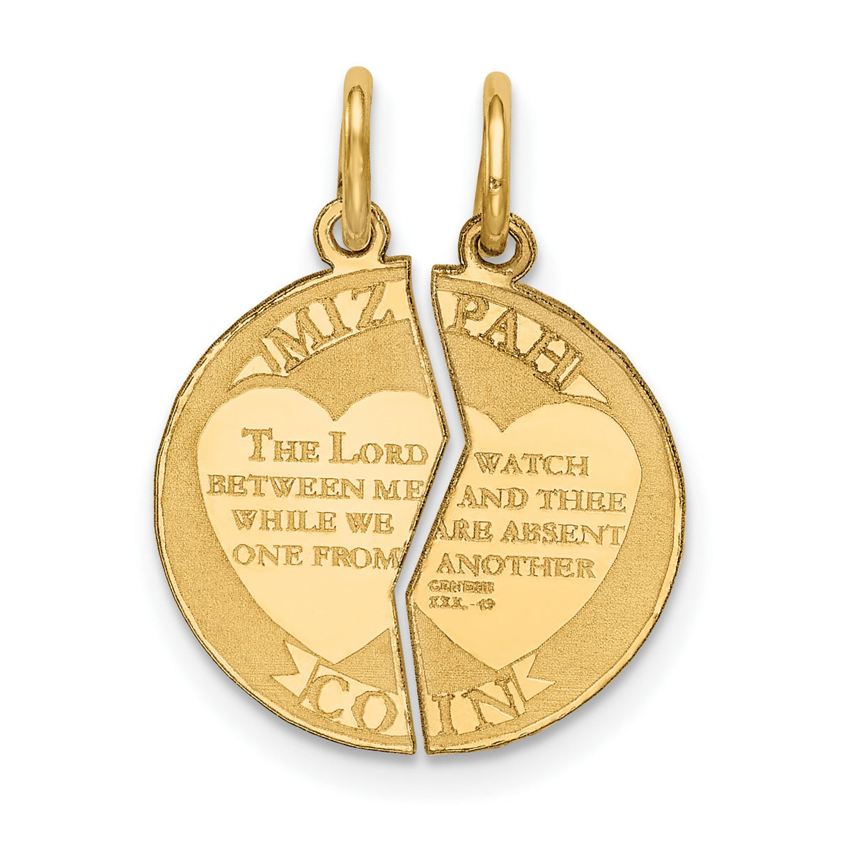 10k Yellow Gold Mizpah Coin Pendant, Split Heart with Genesis 31:49 Bible Verse, Religious Jewelry