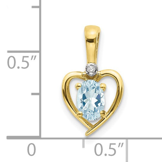10k Yellow Gold Heart Pendant with Oval Aquamarine and Diamond Accent for Women